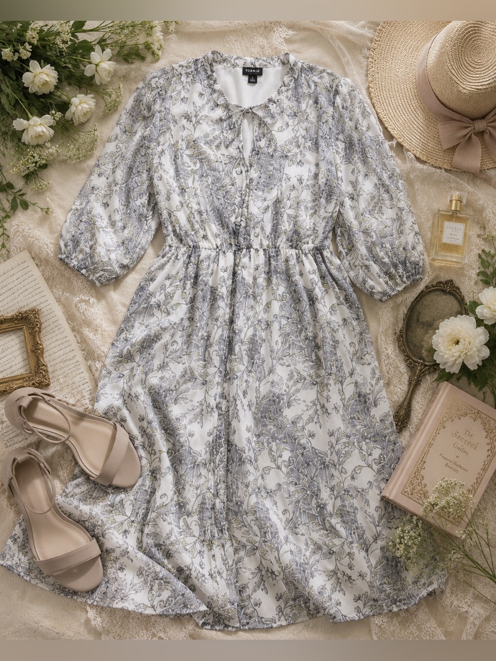 Torrid Gray Botanical Chiffon Midi Dress 2X Romantic Cottagecore - Picture 2 of 8